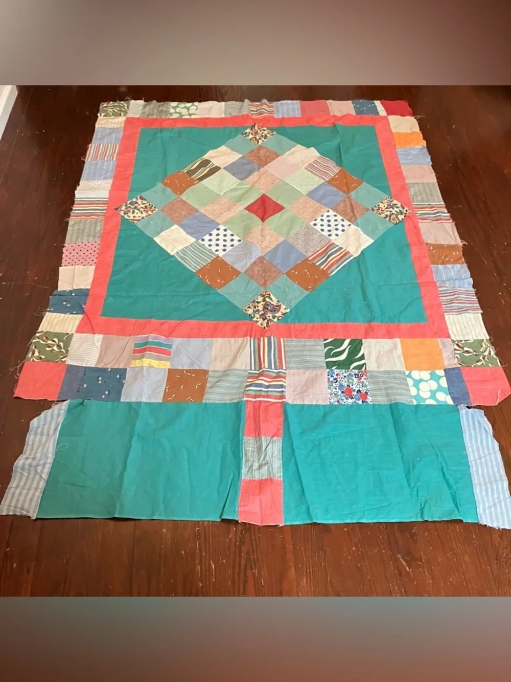 VTG Handmade Hand Pieced Stitched Scrap  57x63 Quilt Top Farmhouse Cottagecore